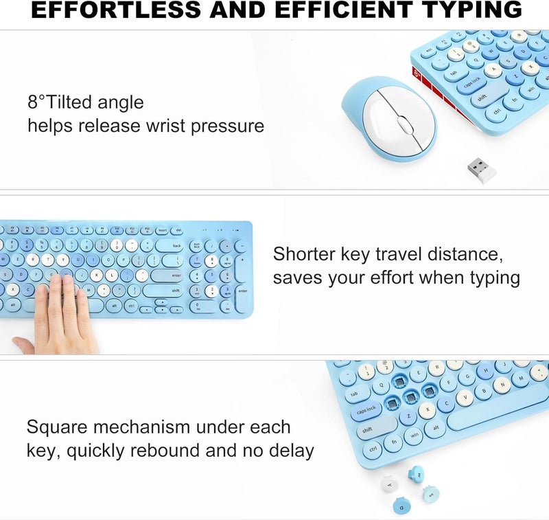 GUKJOB Wireless Keyboard and Mouse Combo, Retro Typewriter Keyboard with Round Keycaps, 2.4GHz USB Cute Wireless Keyboard Mouse for Computer, Desktop, Laptop (Blue Colorful) - Image 4